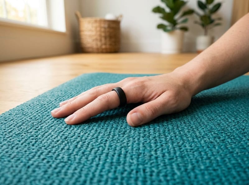 A black smart ring on the finger of a hand resting flat on a teal yoga mat on a wooden floor