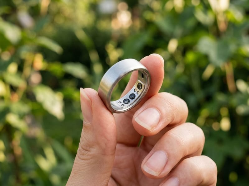 A brushed silver smart ring held between thumb and forefinger, tilted to show the sensors on the inside of the band, in front of a blurred garden