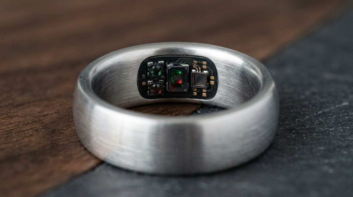 A brushed silver smart ring macro close-up showing the inner optical sensor array
