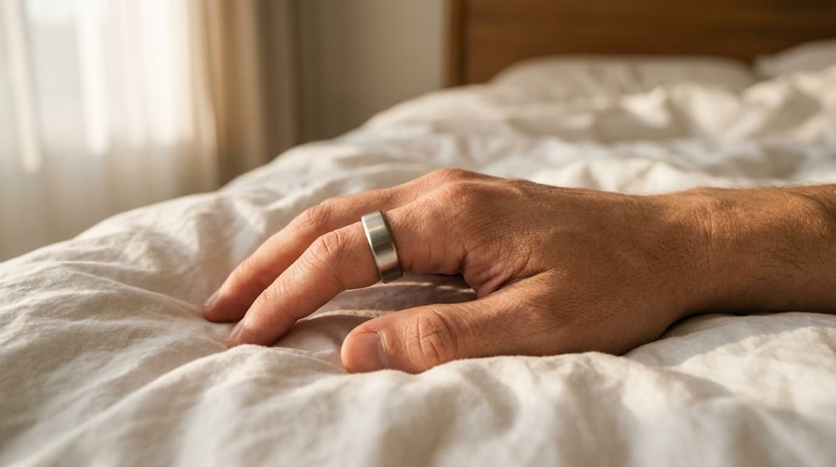 A brushed silver smart ring on a hand resting on a white duvet in morning light