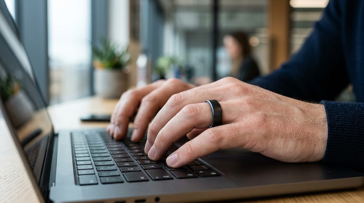 A dark smart ring on a man's finger as he types on a laptop keyboard