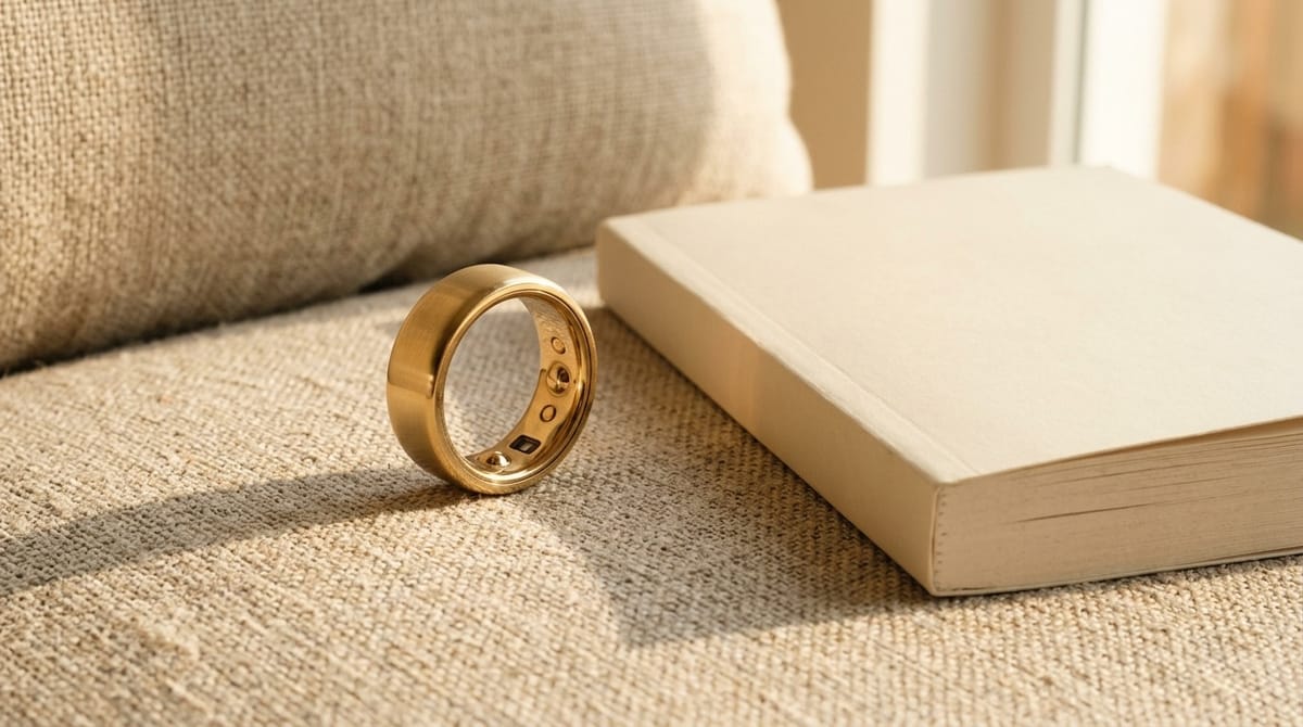 A gold smart ring on a linen sofa beside a closed paperback, with sensors visible inside the band