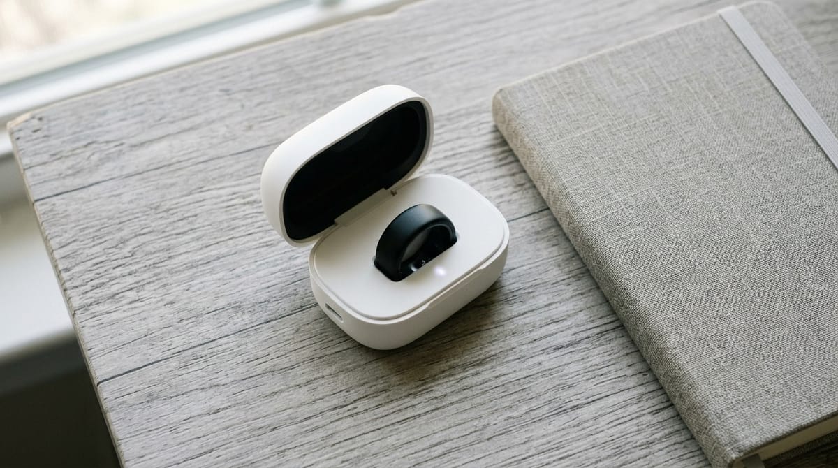 A matte black smart ring in an open white charging case on a grey wooden desk beside a linen notebook