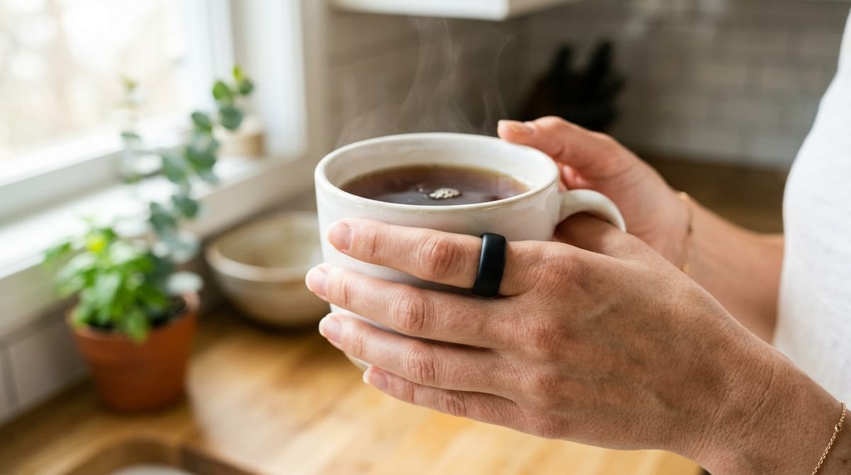 A matte black smart ring on the finger of a hand holding a mug of tea in a bright kitchen