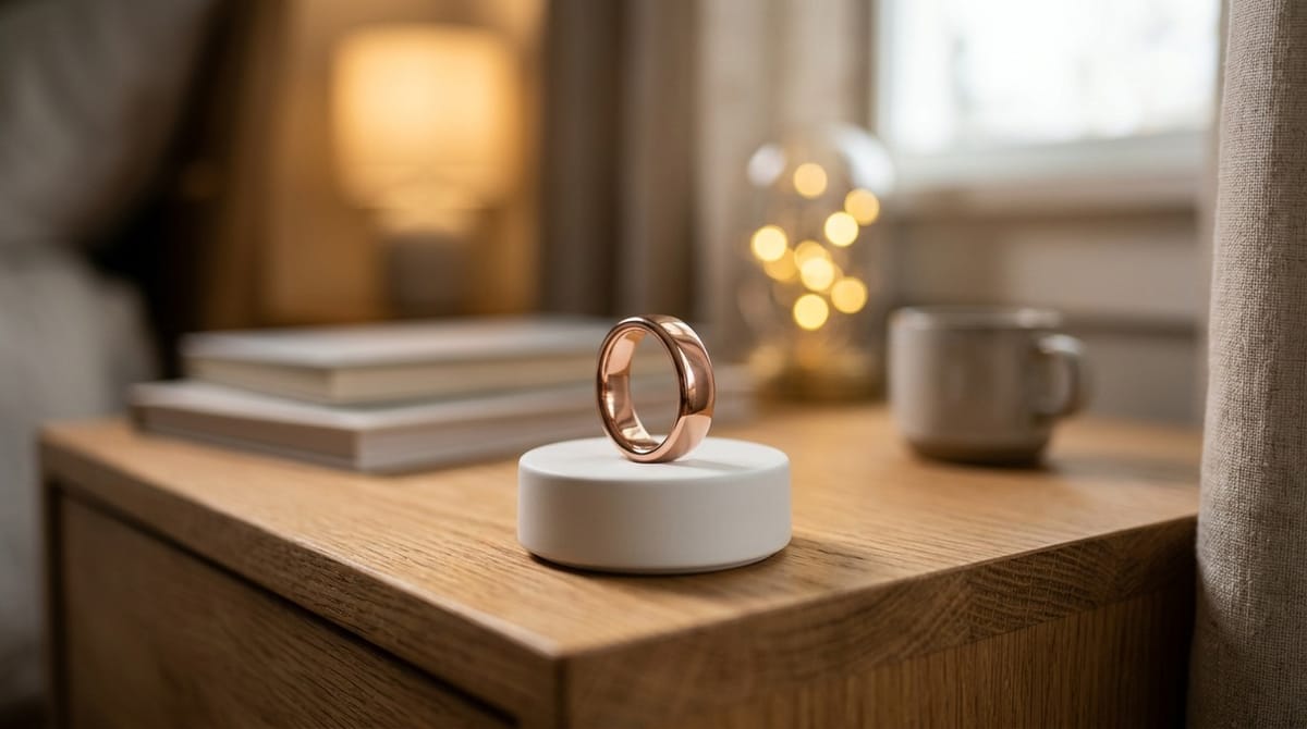 A rose-gold smart ring on a round white charging dock on a wooden bedside table