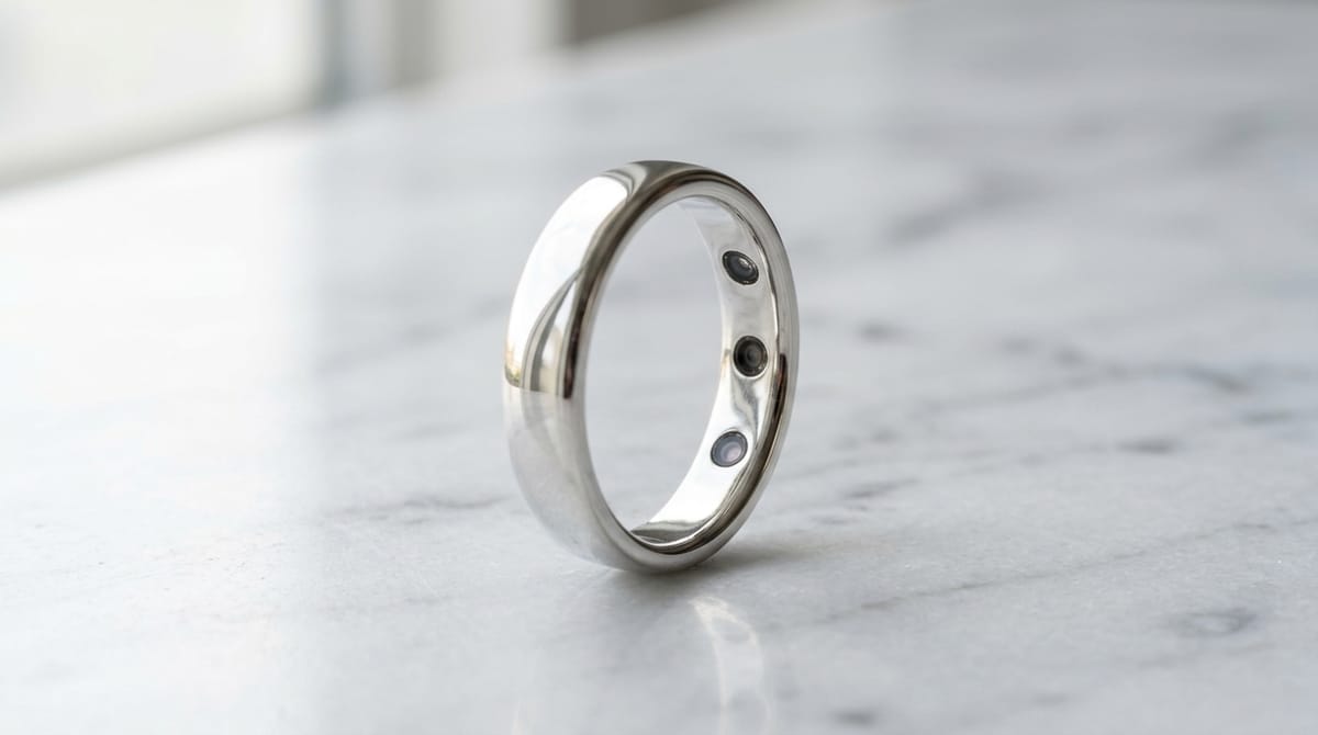 A slim polished silver smart ring standing on its edge on white marble, with three sensors visible inside the band
