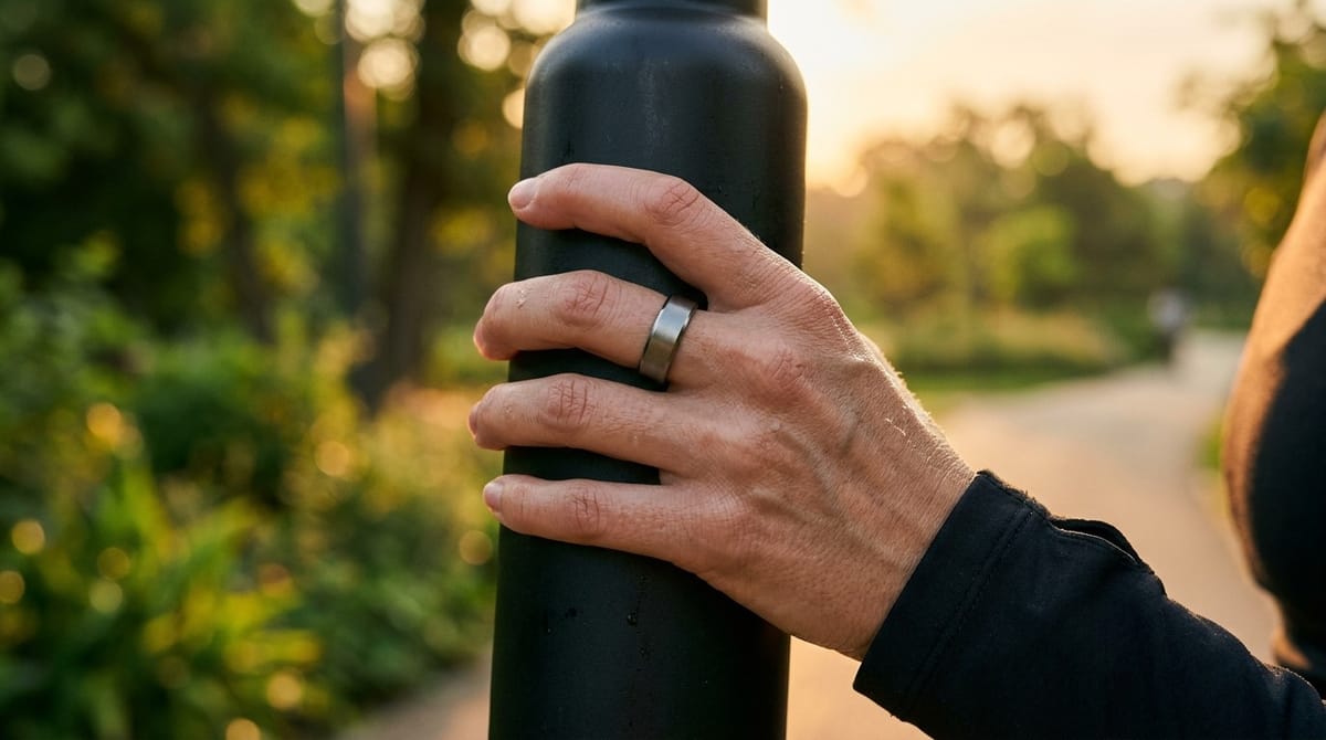 A titanium grey smart ring on a hand gripping a black water bottle on a park path at sunrise